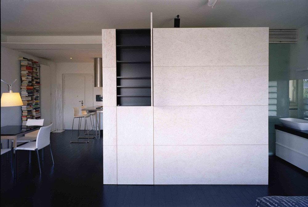 A cube inside the home apartment interior design devided all the spaces.