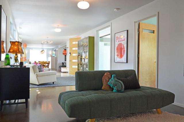 Contemporary green sofa - Eclectic Dallas Home with Mid-Century Interior Design