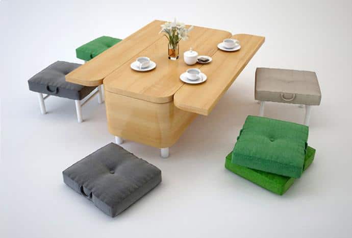 The Hottest Flexible Furniture - Convertible small wooden dining table with stools and sitting pillows