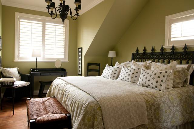 Bedroom Interior Design - Cozy bedroom in warm green colors for Healthy Sleep