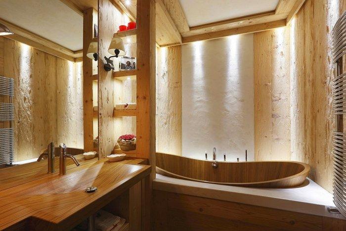 Wooden interior design of a rustic small bathroom