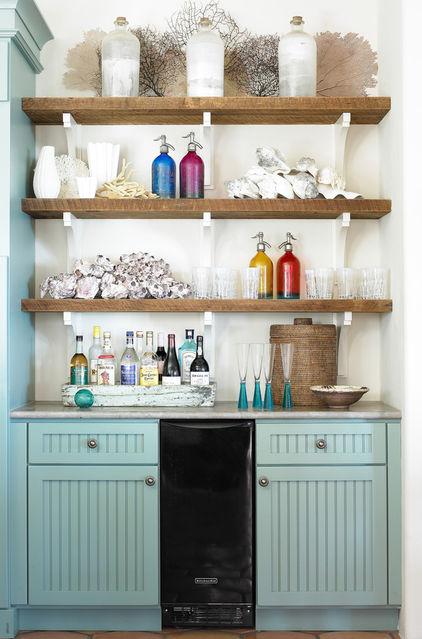 Wooden shelves above beverages bar - Low-Budget Ideas and Ways To Bring the Summer into your Kitchen