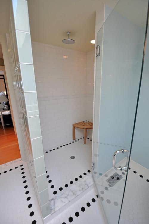 White decorative bathroom tile floor with black spots - Exclusive Ideas using Tiles