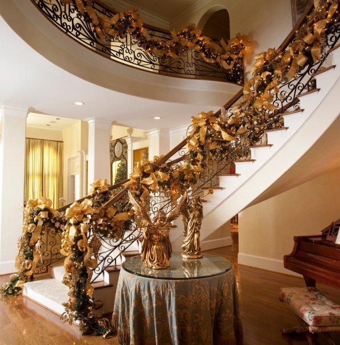 Fascinating classic staircase in gold Christmas decorations - 15 Great Colorful Ideas for Home