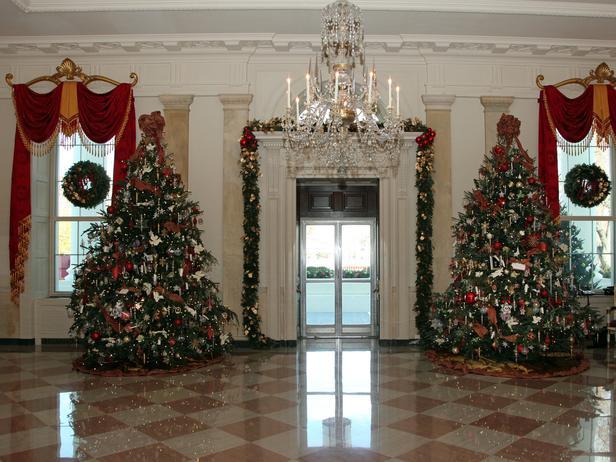 Two lovely Christmas trees decorate the East Room - Holiday Ideas from America's First Home