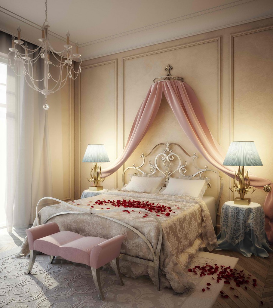  Romantic bedroom with silk and satin bed sheets - 15 Tips for a Valentine's Day Interior