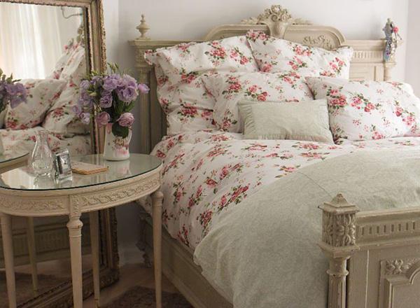 Bedroom with sweet bedsheets with roses-Shabby Chic Bedroom Interior Design Examples