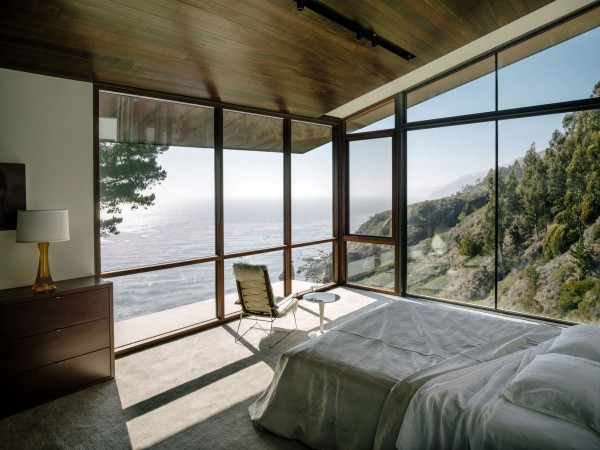 Master bedroom with glass walls-Spectacular Contemporary Glazed Lakeside Home in California