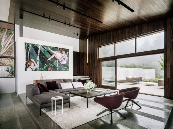 The spacious living room with its neutral colors-Spectacular Contemporary Glazed Lakeside Home in California