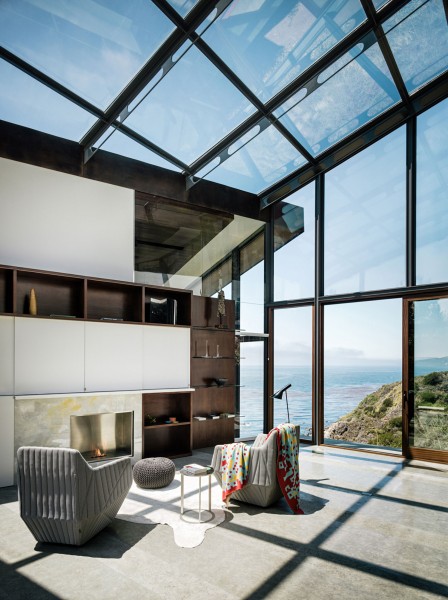 Ultra-modern living room with glass ceiling and walls-Spectacular Contemporary Glazed Lakeside Home in California