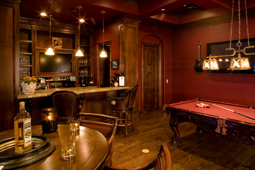 A man's cave with bar, leather bar stools, drinks and a pool table - Interior Design Trends - Having a Pub in the house