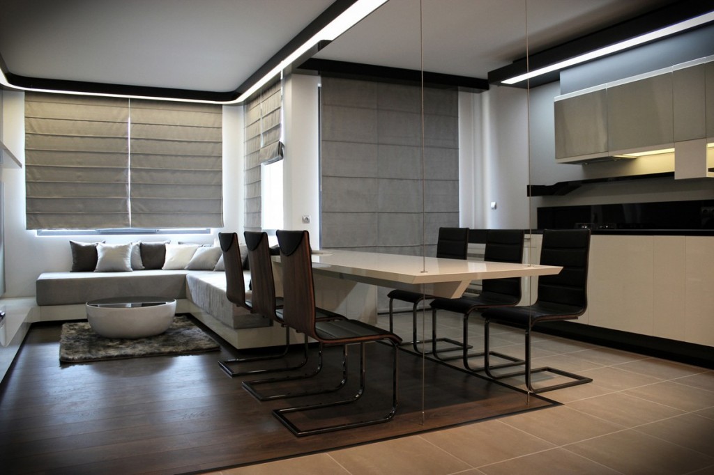 contemporary open plan living, dining room and kitchen-Interior Design of Apartment in Bulgaria