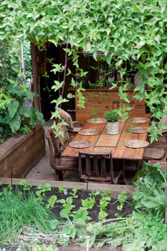 rustic-dinning-table-with-vintage-flatware-and-an-outdoor-kitchen-besides- Contemporary Outdoor Garden Ideas