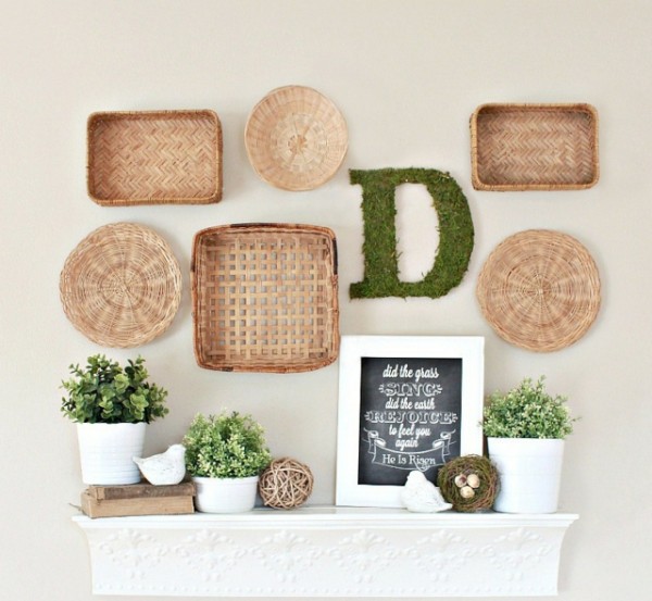 Creative wall display with wicker baskets and flowers-Fantastic Easter Fireplace Mantle Decorating Ideas
