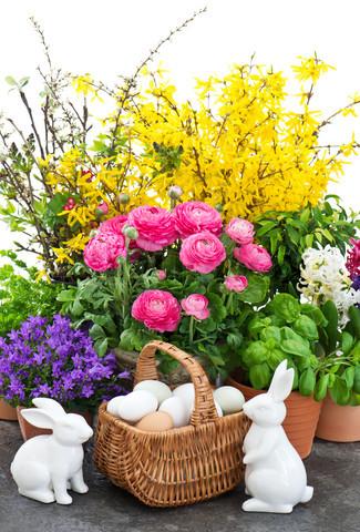 bouquet of spring flowers with easter decoration