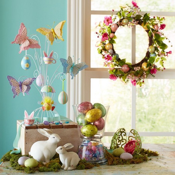 Easter wreath, butterflies, bunny and eggs