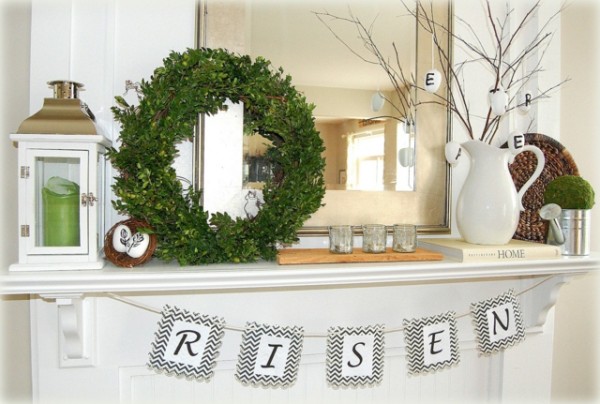 Personalized letter garland and green wreath-Fantastic Easter Fireplace Mantle Decorating Ideas