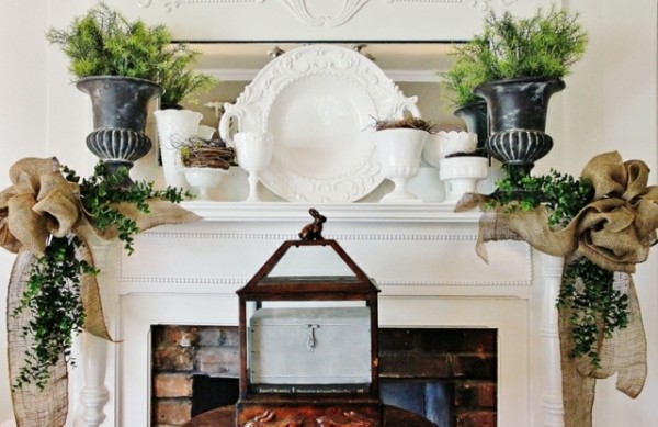 Porcelain centerpiece and fresh natural spring flowers-Fantastic Easter Fireplace Mantle Decorating Ideas