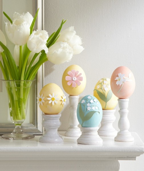 Porcelain egg cups and tulips-Fantastic Easter Fireplace Mantle Decorating Ideas