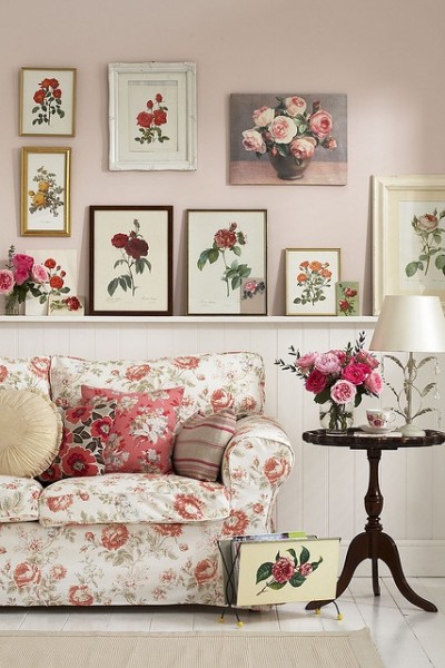 Romantic living room with rose patterns everywhere- interior design ideas for own, private, intimate place.