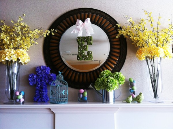 Round mirror and fresh spring flowers-Fantastic Easter Fireplace Mantle Decorating Ideas