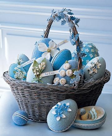 Wicker Easter basket full of blue eggs