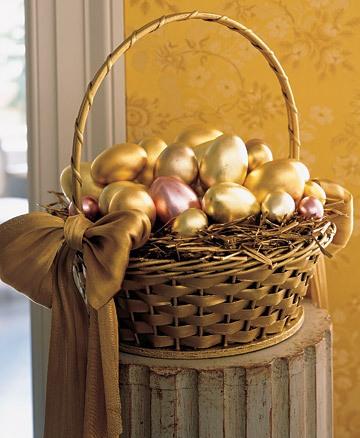 Wicker Easter basket full of golden colored eggs
