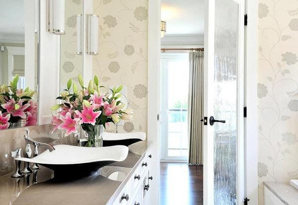 Bathroom decorating with fresh flowers and stylish wallpapers