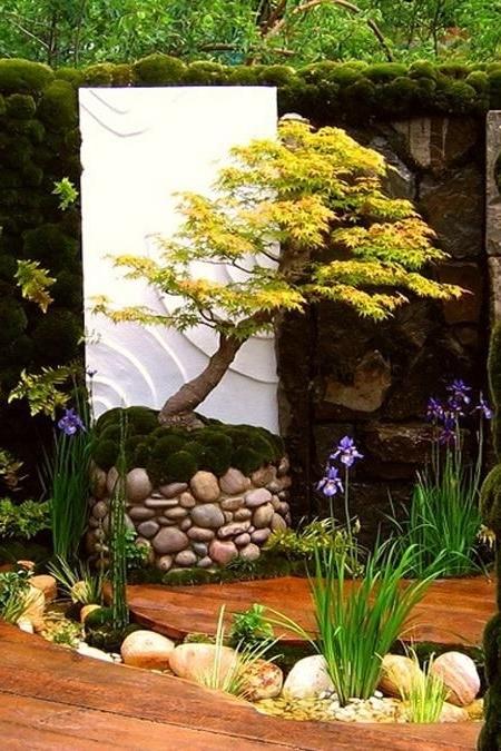 Feng shui garden design with yellow tree and fresh flowers