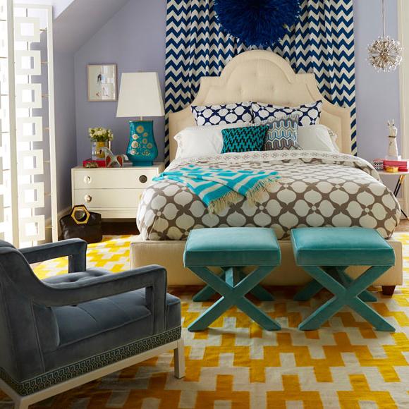 Home decor - creative bedroom design with yellow graphic rug