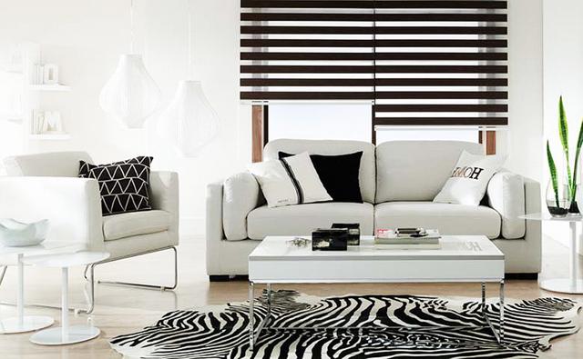 Living room interior in white with black accents and details