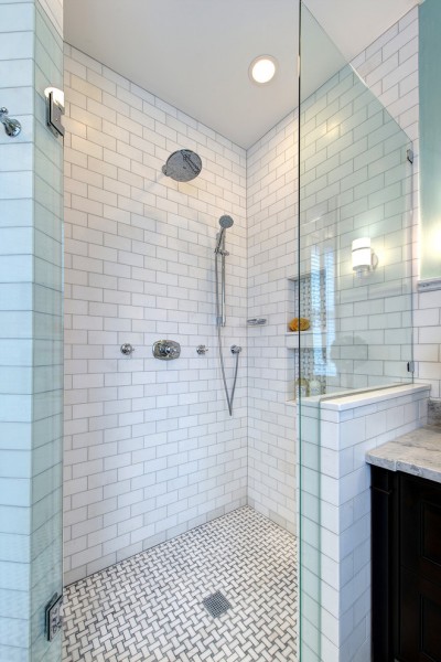 Luxurious, spacious shower stall- Modern Art Deco Bathroom Design in a Victorian Home