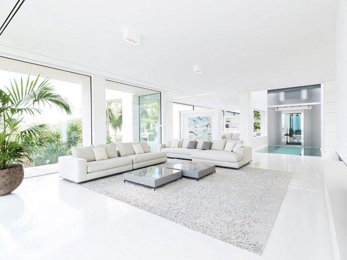 Spacious living room with white interior and soft furniture