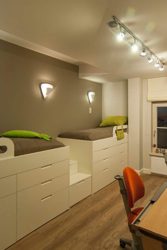 Stylish Scandinavian kids room design with two minimalist beds