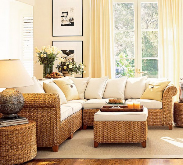Sunny living room with comfortable sofas-Eco elements in residential interior