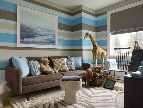 Teenage room design with striped wallpapers in blue, grey and brown