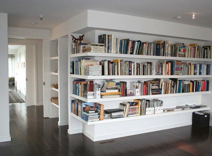 Artistic interior inside the home library with long bookshelves