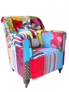 Colorful armchair with various patches on its upholstery