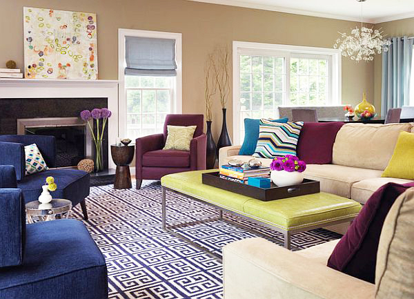 Cozy living room with purple accents and pale brown walls