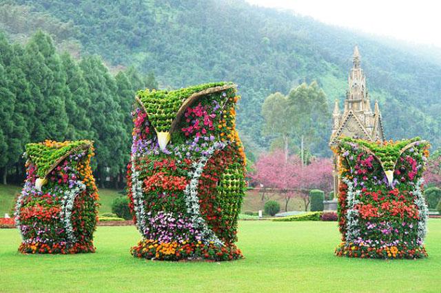 Garden art sculpture - funny angry owls stand in the lawn