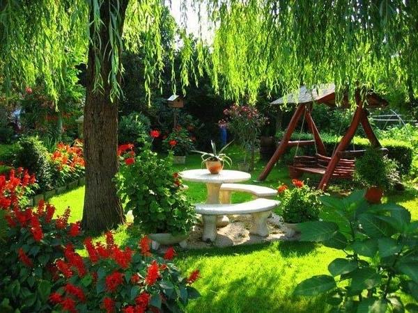 Garden swing below a willow tree and between a lot of flowers