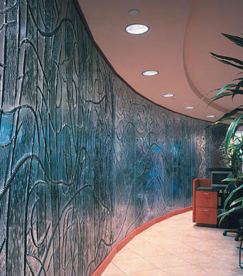 Inner glass wall with decorative ornaments inside a modern office