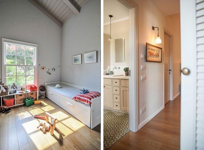 Kids room and bathroom inside a traditional home in white