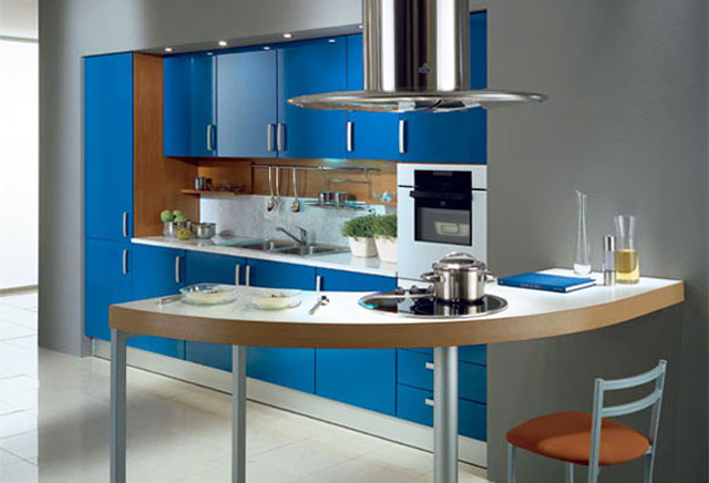 Kitchen design for small apartments, decorated with blue accents