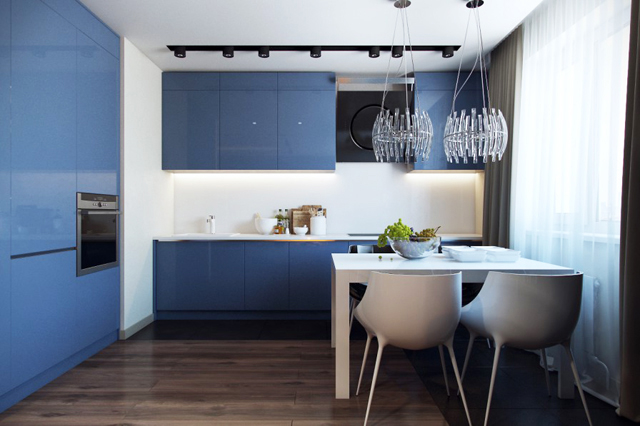 Kitchen design for small living areas with small modern table and dark blue walls