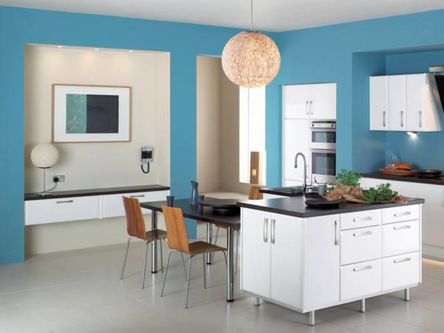 Kitchen design in elegant style with cyan walls and modern furniture