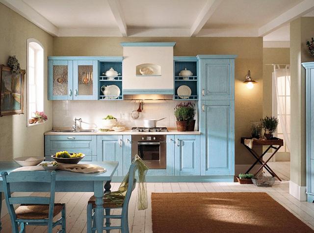 Kitchen design in traditional style with blue cabinets