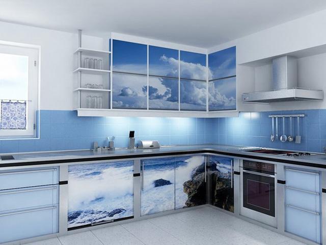 Kitchen design with sea inspired printed cupboards in blue