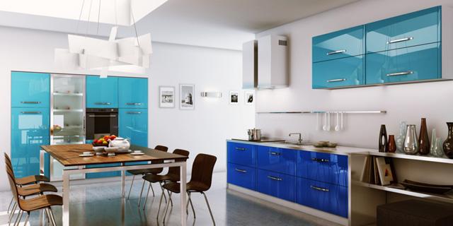 Kitchenen design with two nuances of blue and modern table