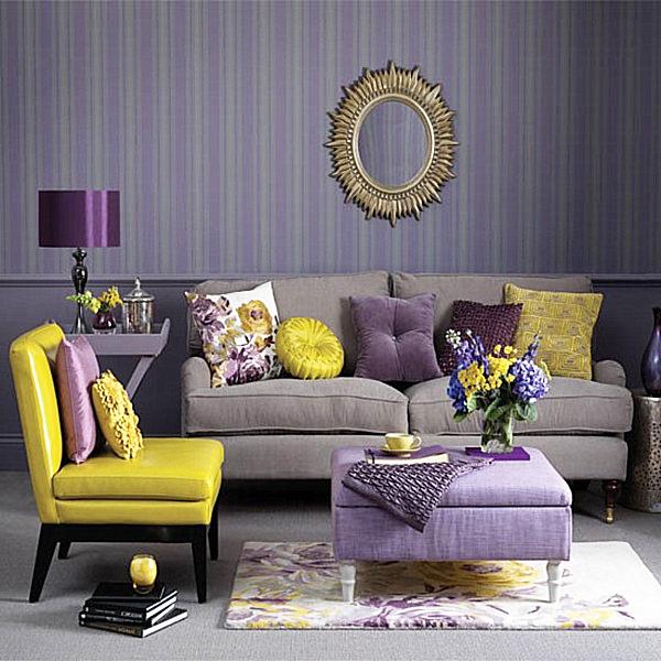 Living room with royal purple and yellow accents and comfortable furniture